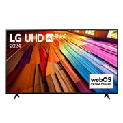Vue avant du téléviseur LG UHD, UT80 avec le texte de LG UHD AI ThinQ, 2024, et le logo webOS Re:New Program à l'écran.