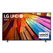 Vue avant du téléviseur LG UHD, UT80 avec le texte de LG UHD AI ThinQ, 2024, et le logo webOS Re:New Program à l'écran.