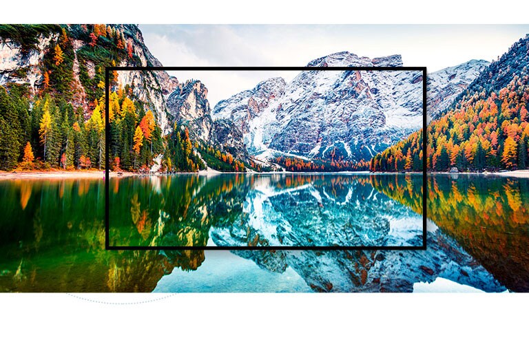 Un écran de téléviseur affichant un paysage d’une montagne et d’un lac est élargi (lire la vidéo).