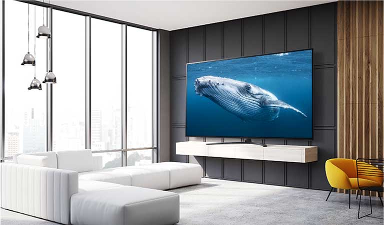 Un grand écran de téléviseur dans un salon affiche une image d’une grande baleine dans la mer.