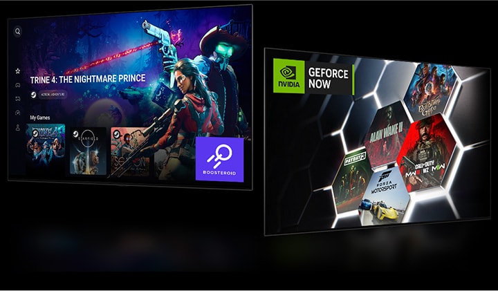 Une image de l’écran d’accueil de Boosteroid affiche « Trine 4: The Nightmare Price ».L’écran d’accueil de GeForce NOW affiche cinq vignettes de jeux à droite. 