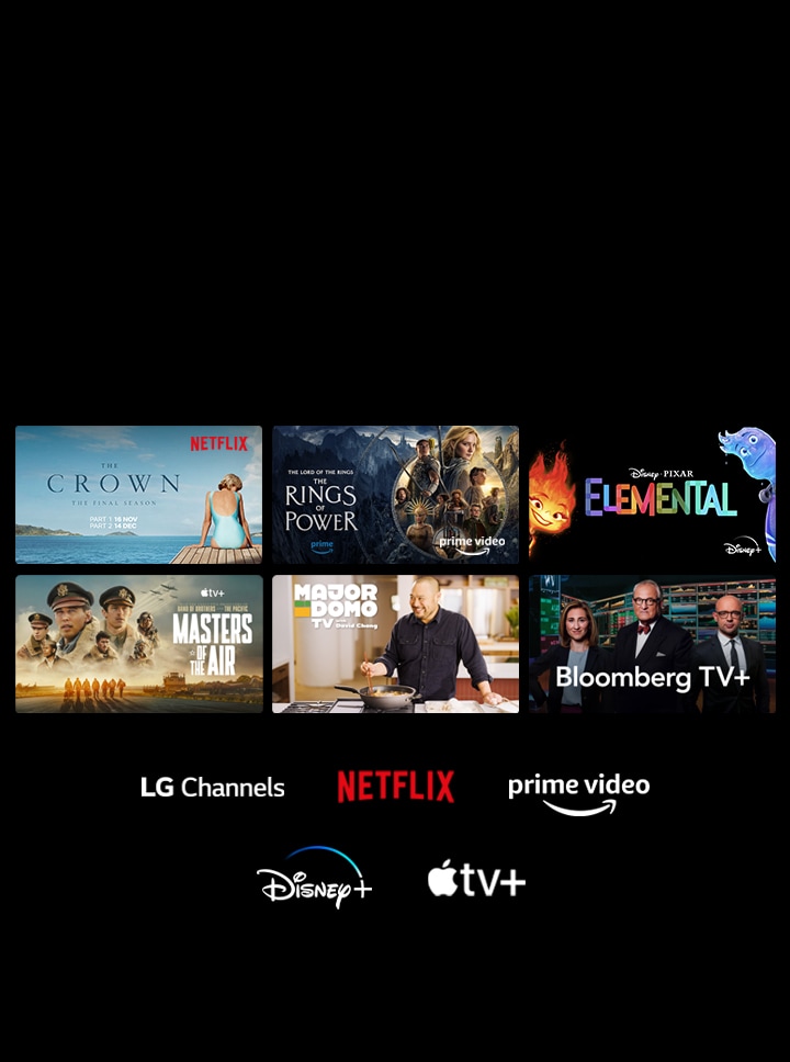 Six vignettes de films et d’émissions de télévision sont affichées, et les logos de LG Channels, de Netflix, de Prime Video, de Disney+ et d’Apple TV+ se trouvent en dessous.