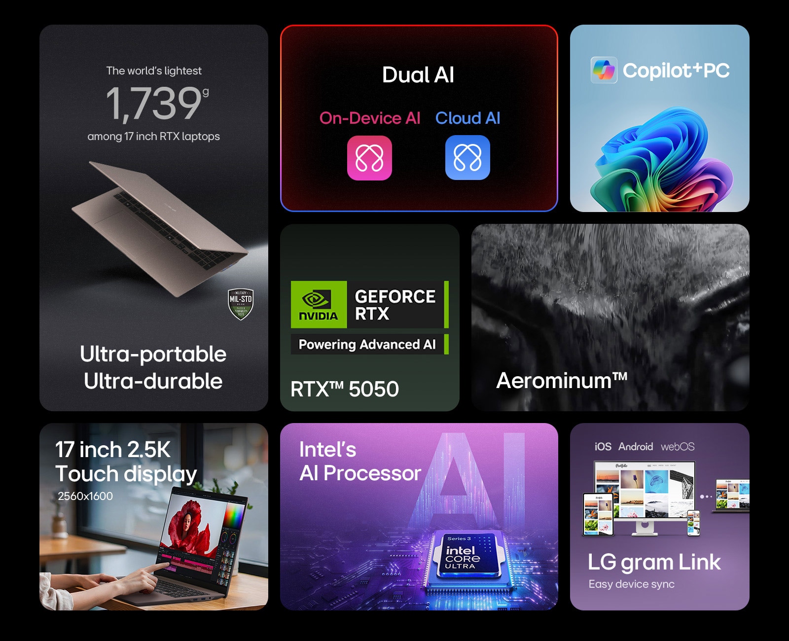 Présentation des caractéristiques du portable LG Gram Pro 17 pouces, mettant en valeur un design ultra-portable et ultra-durable, un écran tactile 2,5K de 17 pouces, des capacités d’IA doubles sur l’appareil et dans le nuage avec la prise en charge du PC Copilot+, un processeur Intel IA et une connectivité LG Gram Link supportant la connexion sans fil avec les appareils iOS, Android et webOS.	