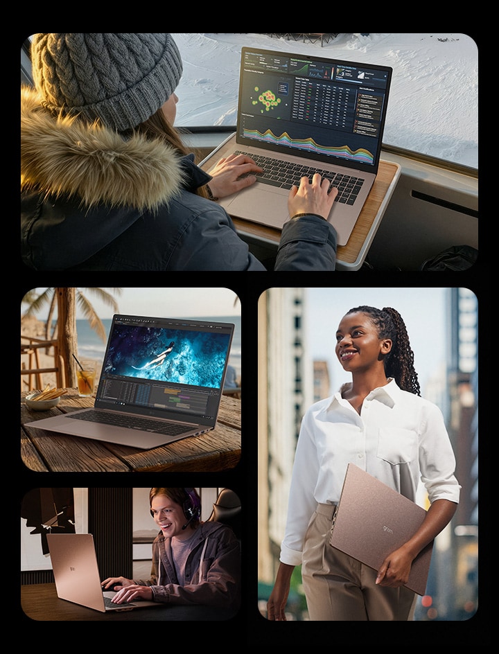 Cette image montre plusieurs scénarios d’utilisation de l’ordinateur portable LG Gram Pro, incluant le travail avec des outils créatifs à un bureau, le jeu et le divertissement, le travail de terrain en plein air, ainsi que l’analyse de données lors des déplacements, mettant en valeur sa portabilité, sa polyvalence et sa flexibilité dans différents environnements.	