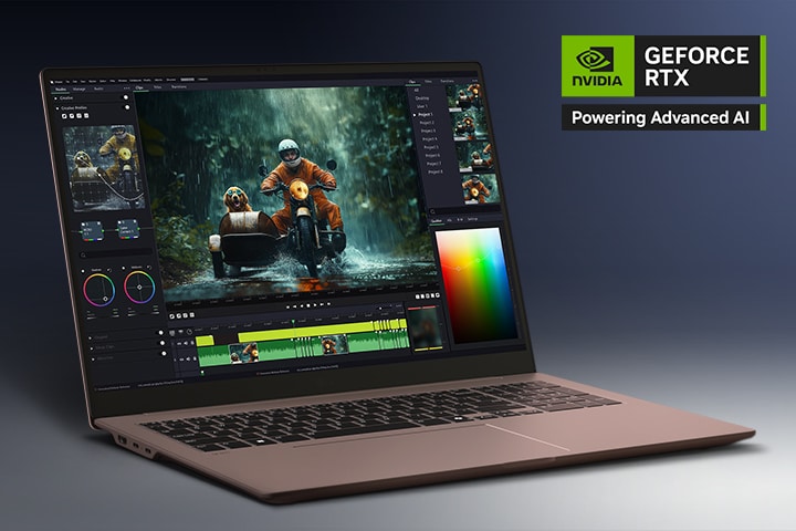 Une vidéo du portable LG Gram Pro affichée en position ouverte, montrant des scènes de montage vidéo et de jeu pour démontrer la rapidité de réactivité des graphiques NVIDIA GeForce RTX. L’écran propose une interface de montage professionnelle avec des images d’aperçu, des panneaux de chronologie et des outils d’étalonnage des couleurs, tandis que les visuels du gameplay semblent mettre en valeur la performance en temps réel. Le logo NVIDIA GeForce RTX est positionné dans le coin supérieur droit de l’image.	