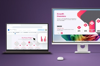 Cette image montre un portable connecté à un moniteur externe avec un espace de travail partagé, démontrant l’extension d’écran multi-appareils et le contrôle unifié à l’aide d’un seul clavier et d’une souris.	