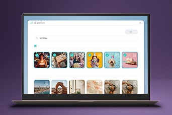 Cette image montre l’écran de l’ordinateur portable affichant une interface de bibliothèque photo avec des vignettes d’images catégorisées, mettant en évidence la recherche et l’organisation des photos alimentées par l’IA sur LG Gram Link.	