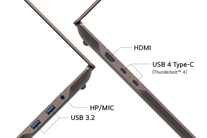 L’image met en valeur les ports latéraux d’un portable, incluant HDMI, USB 3.2, USB 4 Type-C (Thunderbolt™ 4) et une prise combo HP/MIC, permettant une connectivité plug-and-play simple pour la charge, le transfert de données et les affichages externes sans station d’accueil.	