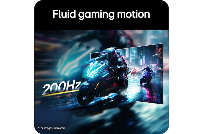 Escena de carreras de motocicletas mostrada en un monitor de juegos, ilustrando una frecuencia de actualización de 200Hz para un movimiento de juego fluido.