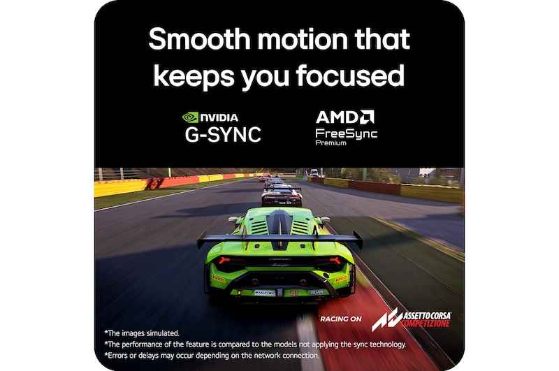 Escena de carreras de Assetto Corsa Competizione mostrada en un monitor de juegos, con soporte de Adaptive Sync con NVIDIA G-SYNC y AMD FreeSync Premium para un juego fluido y sin desgarros. 