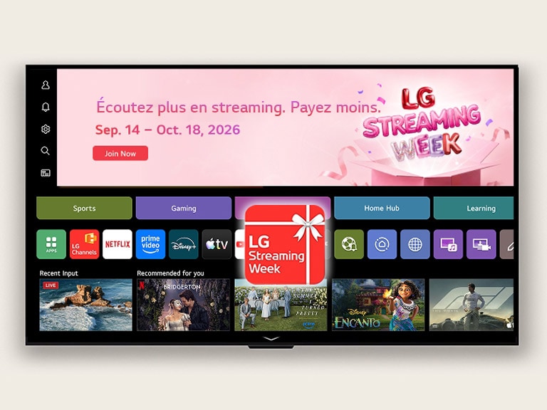 interface webOS Home avec une bannière et une icône d’application de la Semaine du Streaming LG, avec des applications de streaming et du contenu recommandé affichés à l’écran.
