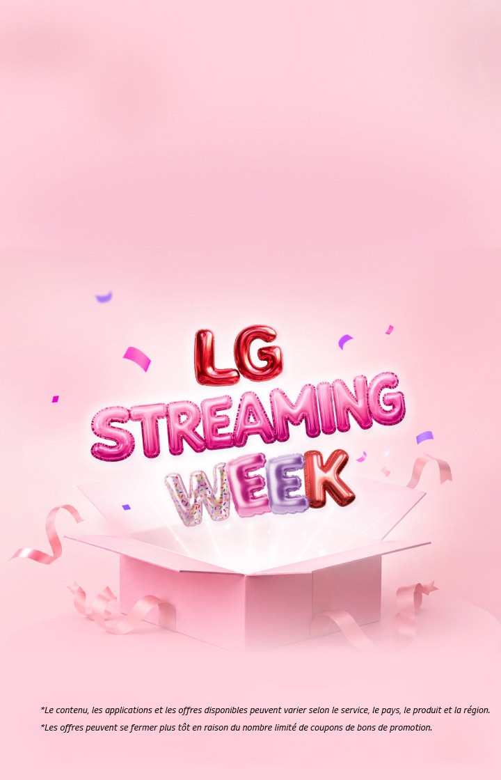 Des lettres colorées en forme de ballons « LG Streaming Week » s’élèvent d’une boîte cadeau rose ouverte, entourée de rubans et de confettis sur un fond rose doux.