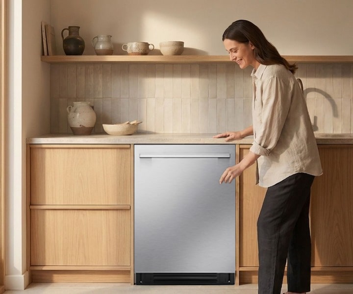 Personne rangeant de la vaisselle dans le panier d’un lave-vaisselle LG dans une cuisine moderne