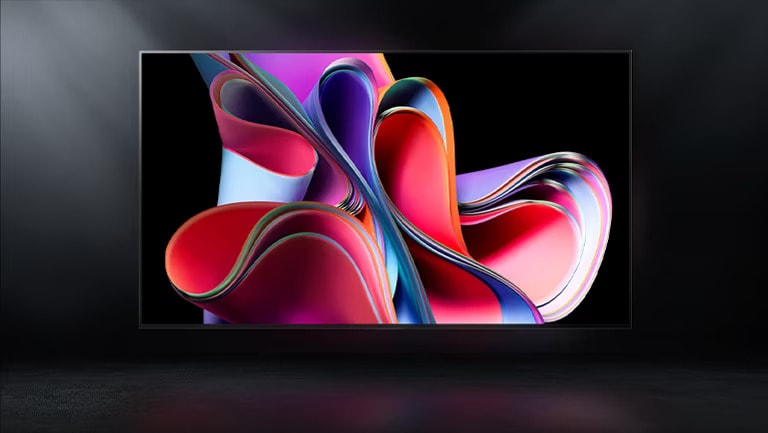 Une image du LG OLED G3 contre un fond noir et qui affiche une œuvre d’art vive rose et violette.