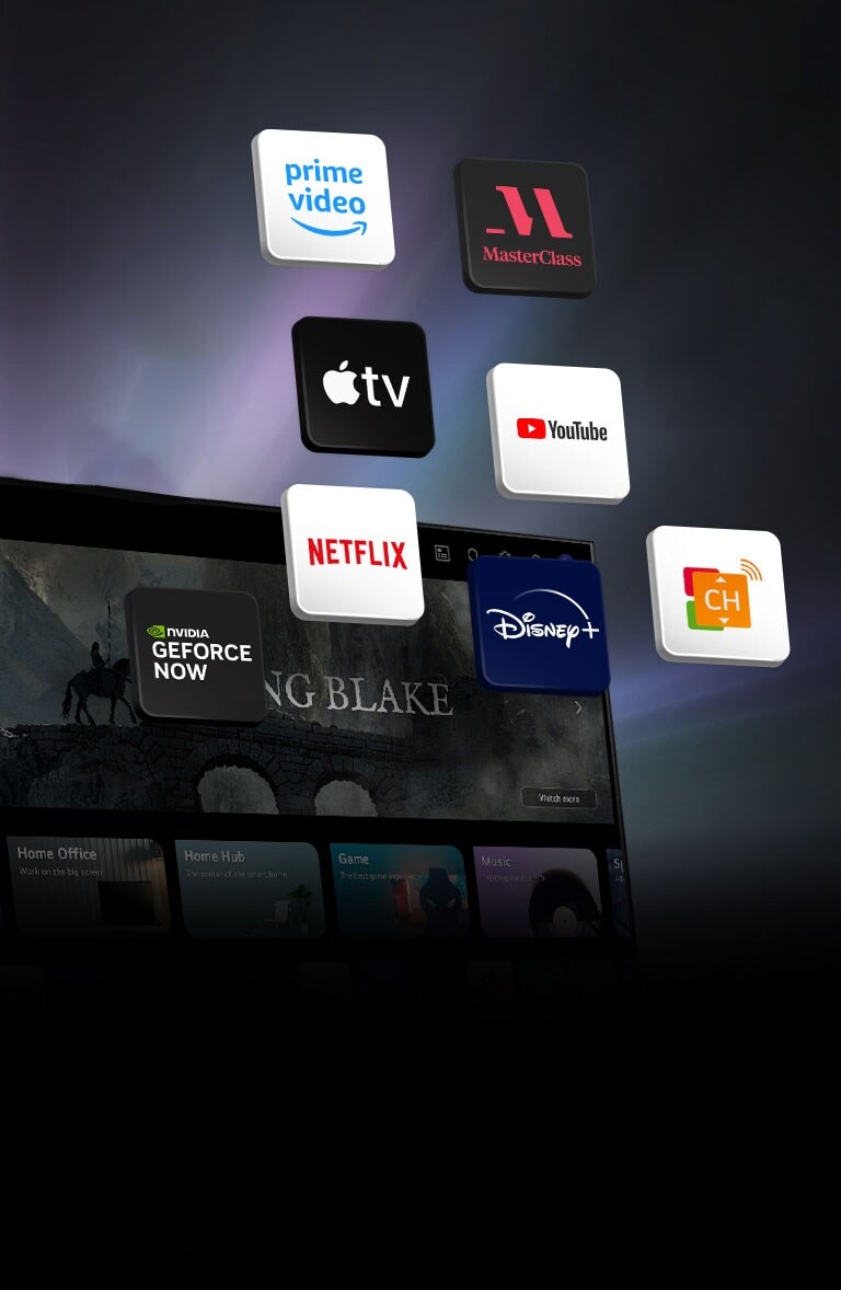 L'écran webOS du téléviseur LG est en arrière-plan et 11 blocs flottent dessus. Chaque bloc comporte un logo représentant Luna, Prime Video, Master Class, Les Mills, YouTube, Apple TV plus, Shoptime, Netflix, Disney plus, GeForce NOW et LG Channels.