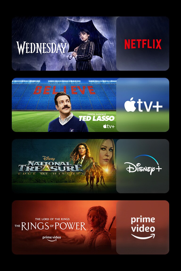 2 blocs d’image s’affichent – chacun dispose d’un logo de plateforme de diffusion en continu et d’une image de séquence. Le logo Netflix avec Mercredi, le logo Apple TV plus avec Ted Lasso, le logo Disney Plus avec Trésor National, le logo Prime Video avec Les anneaux de pouvoir.