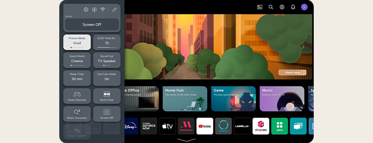 Une image de l'UX du OLED de LG avec les fonctions d'accessibilité ouvertes sur le côté gauche de l'écran.