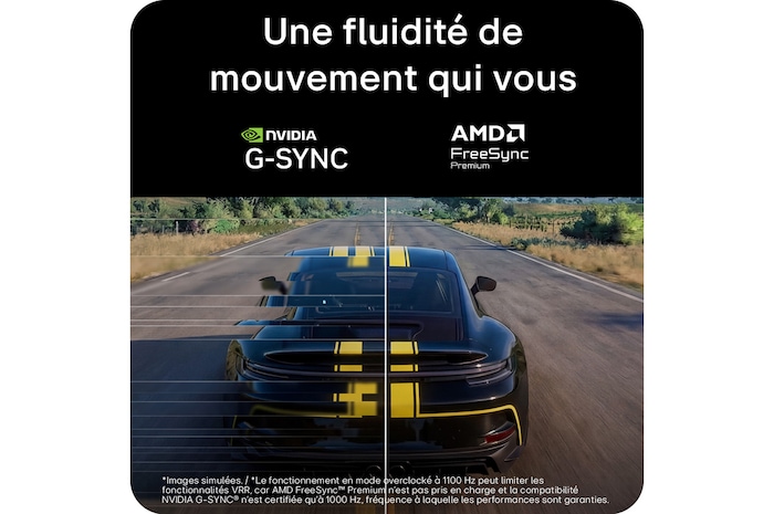 Écran de jeu avec les technologies NVIDIA® G-SYNC® Compatible et AMD FreeSync™ Premium, offrant des visuels plus fluides avec moins de déchirures d’écran, de saccades, de flou de mouvement et de fantômes