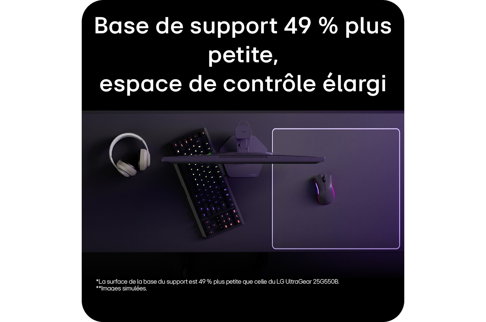 Moniteur pour jeu UltraGear G5 (25G590B) conçu pour l’eSport compétitif avec un support compact qui libère de l’espace sur le bureau pour le clavier et la souris