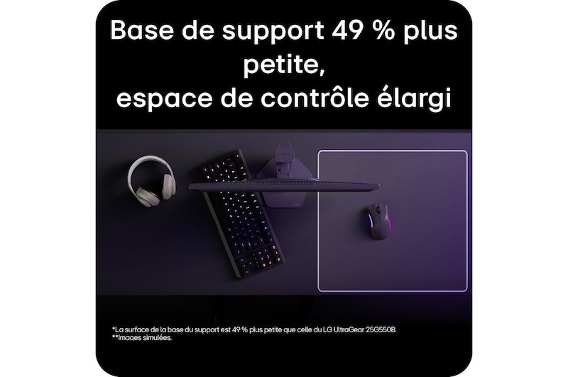 Moniteur pour jeu UltraGear G5 (25G590B) conçu pour l’eSport compétitif avec un support compact qui libère de l’espace sur le bureau pour le clavier et la souris