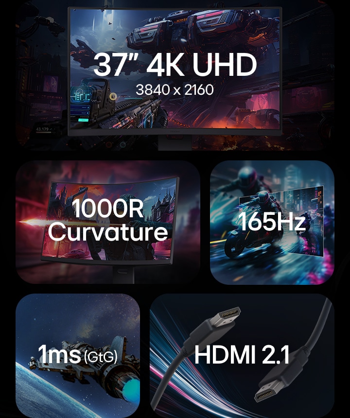 Points forts du moniteur de jeu LG UltraGear™ 37G800A. En haut à gauche, l’écran du moniteur présente le texte « 37 pouces 4K UHD 3840×2160 ». En haut à droite, un écran incurvé est mis en avant avec la mention « Courbure 1000R ». La rangée inférieure illustre les principales caractéristiques avec des visuels : taux de rafraîchissement « 165 Hz » accompagné d’une scène de course, temps de réponse « 1 ms (GtG) » illustré par une image de vaisseau spatial, et « HDMI 2.1 » représenté avec des câbles HDMI.