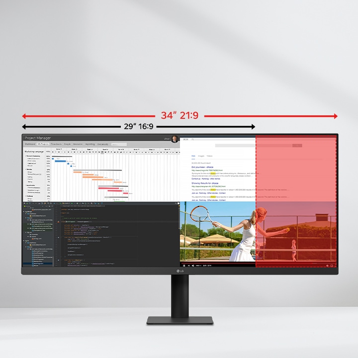 Moniteur LG UltraWide™ affichant plusieurs applications sur un écran 34 pouces 21:9, avec une comparaison mise en évidence montrant l’espace horizontal supplémentaire par rapport à un écran standard 27 pouces 16:9.
