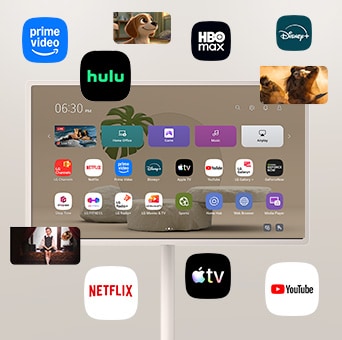 L’écran mobile StanbyME 2 Max LX6 de LG, offrant divers services par contournement, affiche des interfaces d’applications de diffusion en continu comme Netflix et YouTube sur l’écran et autour de celui-ci, représentant l’accès à divers contenus, y compris des séries, des films et de la musique.