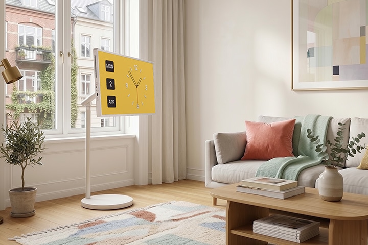 L’écran mobile StanbyME 2 Max LX6 de LG avec une conception sur roulettes et transportable se trouve près d’une fenêtre dans une pièce compacte aux tons blancs et affiche un écran d’horloge, soulignant la flexibilité de la disposition et la grande mobilité pour une utilisation polyvalente.