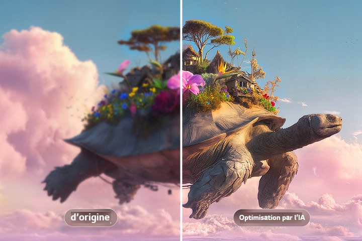 L’écran mobile StanbyME 2 Max LX6 de LG avec la super optimisation par l’IA montre une image divisée d’une tortue volante avec des objets sur sa carapace, avec un côté flou et l’autre clair, démontrant une clarté améliorée et des détails raffinés au format 4K.