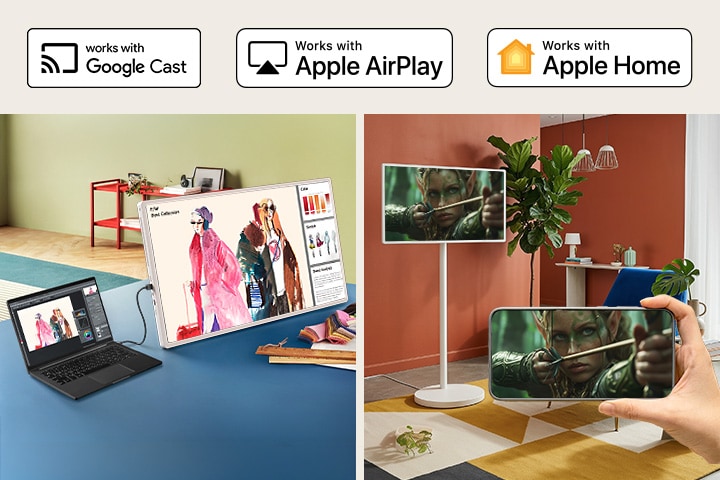 L’écran mobile StanbyME 2 Max LX6 de LG doté de la fonction Mise en miroir et connectivité affiche des documents de réunion à partir d’un ordinateur portable par HDMI et met en miroir une scène de film, avec les logos Google Cast, Apple AirPlay et Apple Home illustrés au-dessus.