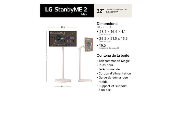 LG StanbyME 2 Max LX6 Movable Screen shown in front and side views features a 32-inch display measuring 724 mm by 421 mm. The total height including the screen is 1108–1308 mm when the screen is horizontal and 1261–1461 mm when the screen is vertical, with a 916 mm stand height.