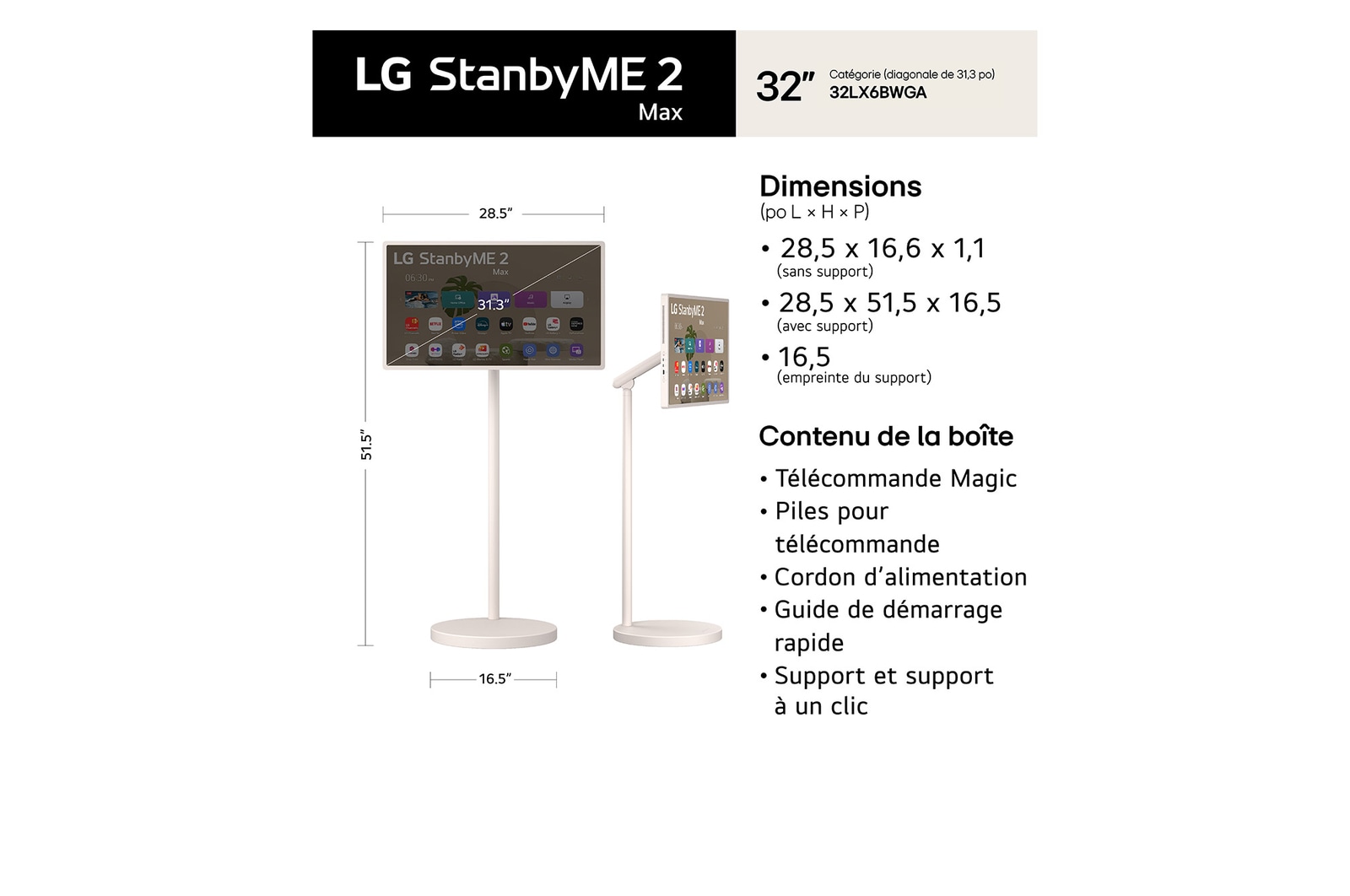 LG StanbyME 2 Max LX6 Movable Screen shown in front and side views features a 32-inch display measuring 724 mm by 421 mm. The total height including the screen is 1108–1308 mm when the screen is horizontal and 1261–1461 mm when the screen is vertical, with a 916 mm stand height.