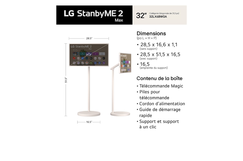 LG StanbyME 2 Max LX6 Movable Screen shown in front and side views features a 32-inch display measuring 724 mm by 421 mm. The total height including the screen is 1108–1308 mm when the screen is horizontal and 1261–1461 mm when the screen is vertical, with a 916 mm stand height.