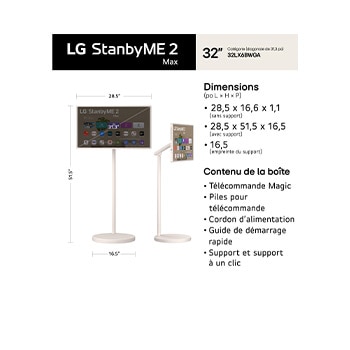 LG StanbyME 2 Max LX6 Movable Screen shown in front and side views features a 32-inch display measuring 724 mm by 421 mm. The total height including the screen is 1108–1308 mm when the screen is horizontal and 1261–1461 mm when the screen is vertical, with a 916 mm stand height.