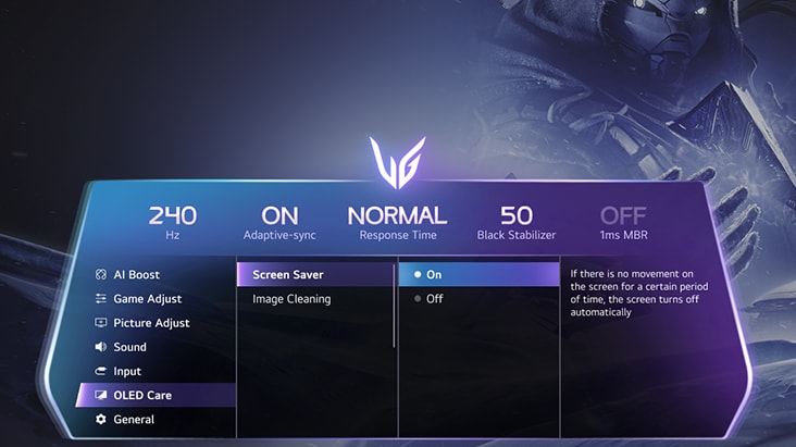 Le moniteur de jeu UltraGear (39GX950B) inclut un écran d’écran OLED Care pour aider à réduire le risque de rétention d’image et de burn-in.