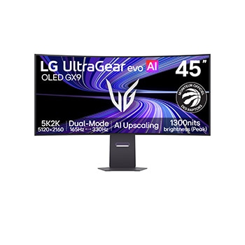 Vue avant de UltraGear evo GX9 de 45 pouces, premier moniteur de jeu OLED 5K2K au monde à upscaling par IA 45GX950B