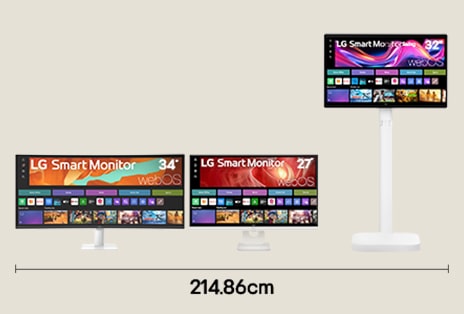 Configuration triple écran avec écrans 34 po WQHD, 27 po 4K UHD et 32 po 4K UHD pour une expérience de divertissement immersive, avec une largeur de bureau de 214,86 cm