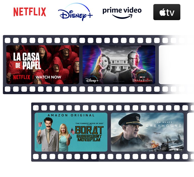 Les logos de Netflix, Disney+, Amazon Prime Video et Apple TV sont alignés horizontalement. Sous les logos, les affiches de Borat, nouvelle mission filmée d’Amazon Original, La Maison de papier de Netflix, WandaVision de Disney+ et USS Greyhound : La Bataille de l'Atlantique de Apple TV sont également alignées horizontalement.