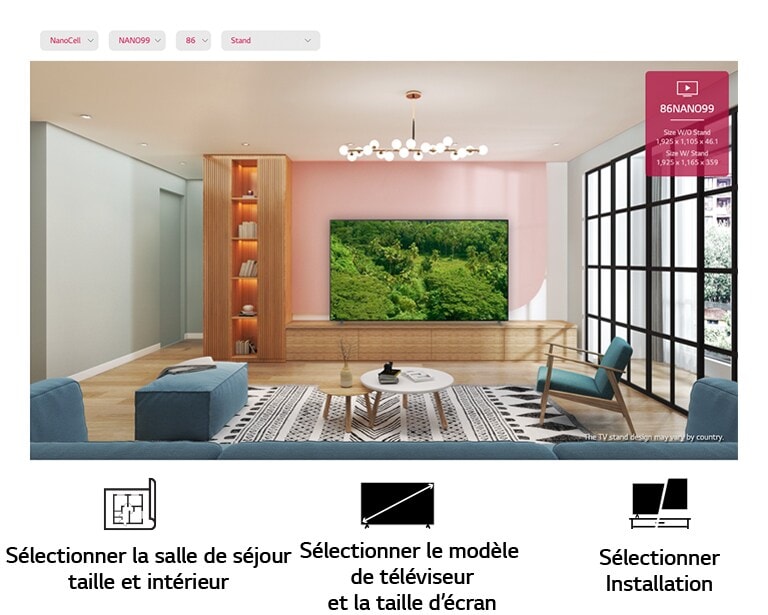 Un grand téléviseur à écran plat monté contre un mur rose entouré de mobilier naturel. L'écran affiche une forêt luxuriante.
