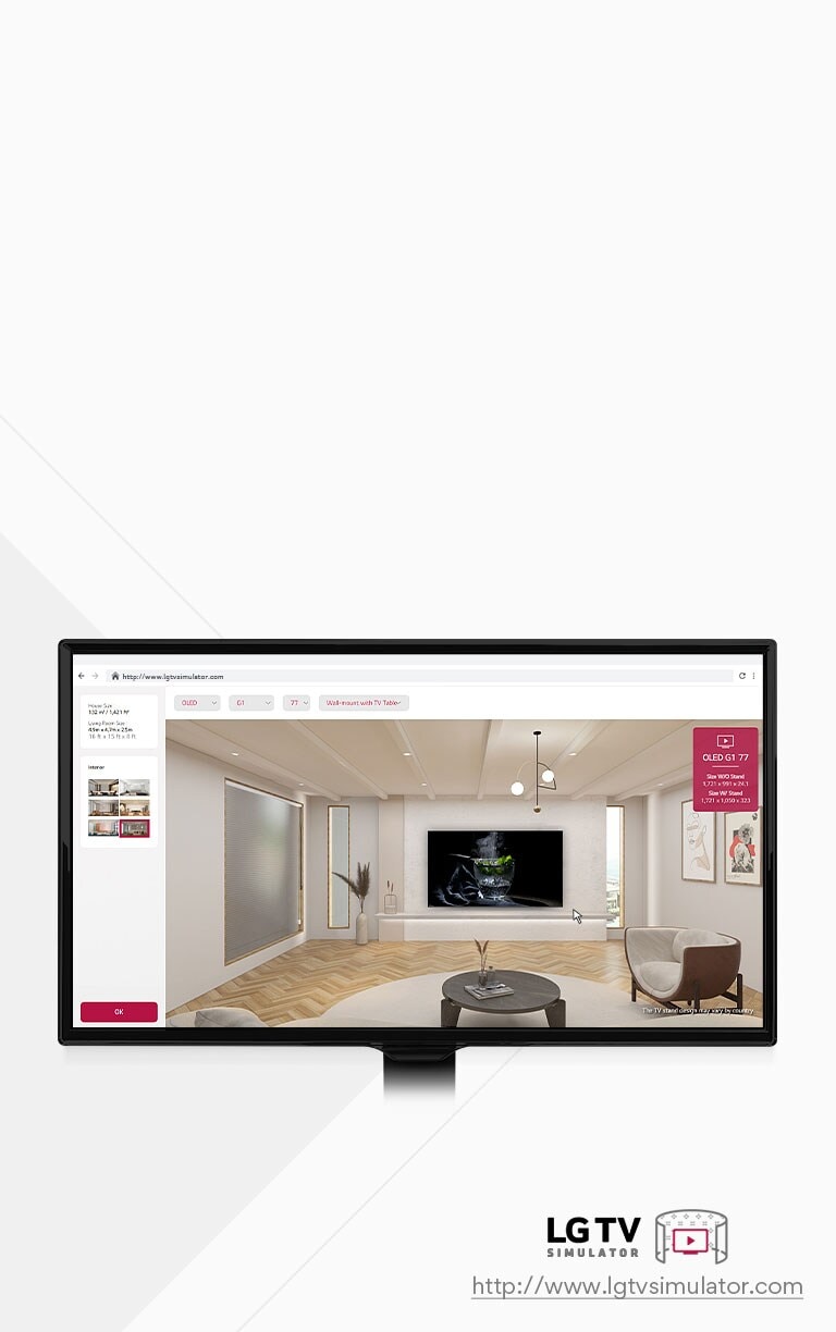 Ceci est une image explicative d’un simulateur qui vous permet de placer tous les modèles de téléviseur LG dans un espace virtuel.