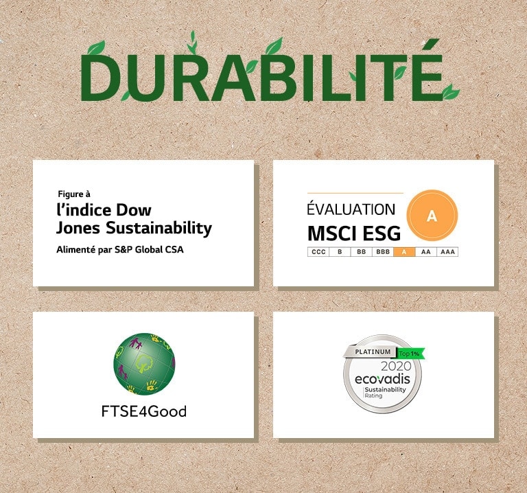 Un logo de l’indice Dow Jones Sustainability. Un logo de FTSE4Good. Un logo d’EcoVadis Sustainability Rating. Un logo de MSCI ESG Ratings.