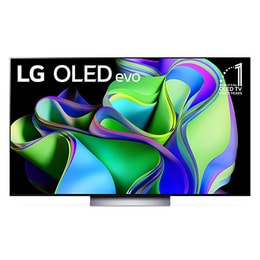 Vue de face avec le téléviseur OLED evo de LG, Symbole OLED nº 1 au monde depuis 10 ans ainsi que la Barre de son en dessous. 