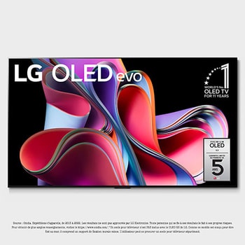Vue de face avec LG OLED evo, Symbole OLED nº1 au monde depuis 10 ans et Garantie de panneau de 5 ans à l’écran