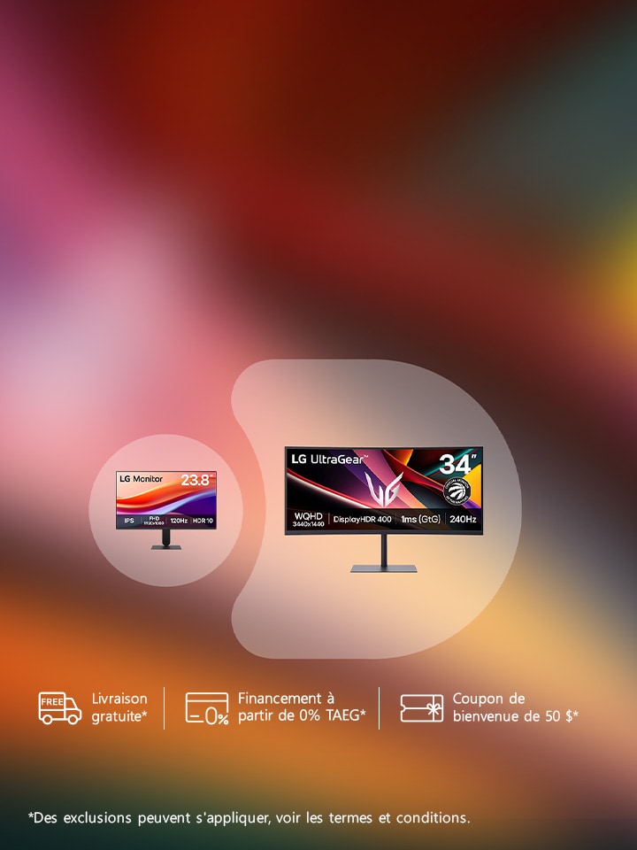 Passez au moniteur gaming QHD 34″ 240 Hz. Recevez un moniteur de bureau 24″ offert.