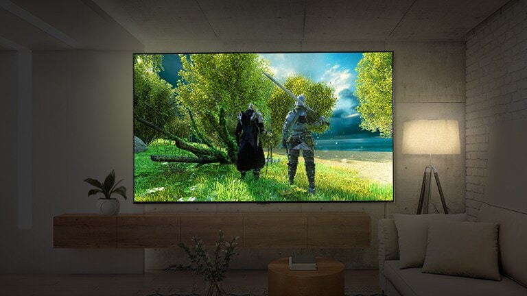 Un téléviseur à écran large accroché au mur dans une pièce sombre. La scène montre une vue arrière de deux personnages revêtant une armure.