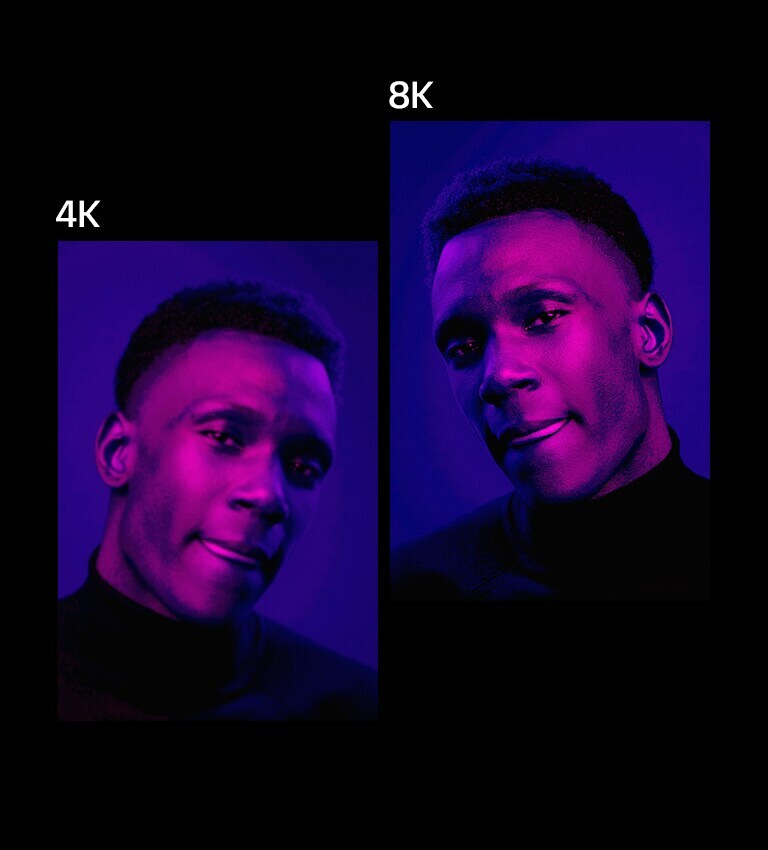 À droite se trouve un gros plan d’un visage d’homme sous une lumière violette avec le texte « 8K » affiché au-dessus de l’image. L’image est très limpide. La même image se trouve à gauche, mais celle-ci est moins claire et le texte « 2K » est affiché au-dessus. L’image devient un peu plus limpide et le texte se transforme pour afficher « 4K ».