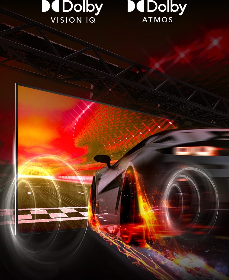 Une voiture de course fonce ardemment dans le téléviseur QNED, accompagnée d’une visualisation de l’effet sonore. Les logos Dolby Vision IQ et Dolby Atmos sont présentés.