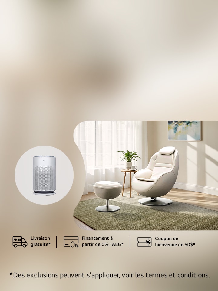 Détendez-vous dans fauteuil massant à prix spécial. Respirez l’air frais avec un purificateur gratuit, valeur 349,99 $ !