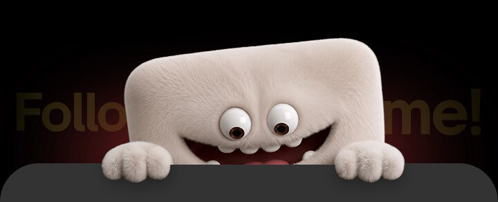 Max, la mascotte de LG StanbyME 2 Max, apparaît en train de jeter un coup d'œil par le bord inférieur avec ses deux mains, tandis que le texte « Suivez-moi! » apparaît sur un fond sombre.