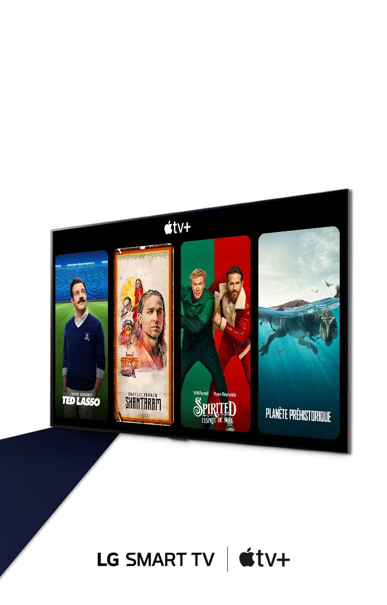 Une image d’un téléviseur OLED de LG. Les contenus d’Apple TV+ sont affichés à l’écran et le titre lit « Obtenez trois mois gratuits d’Apple TV+ grâce aux téléviseurs intelligents de LG ».